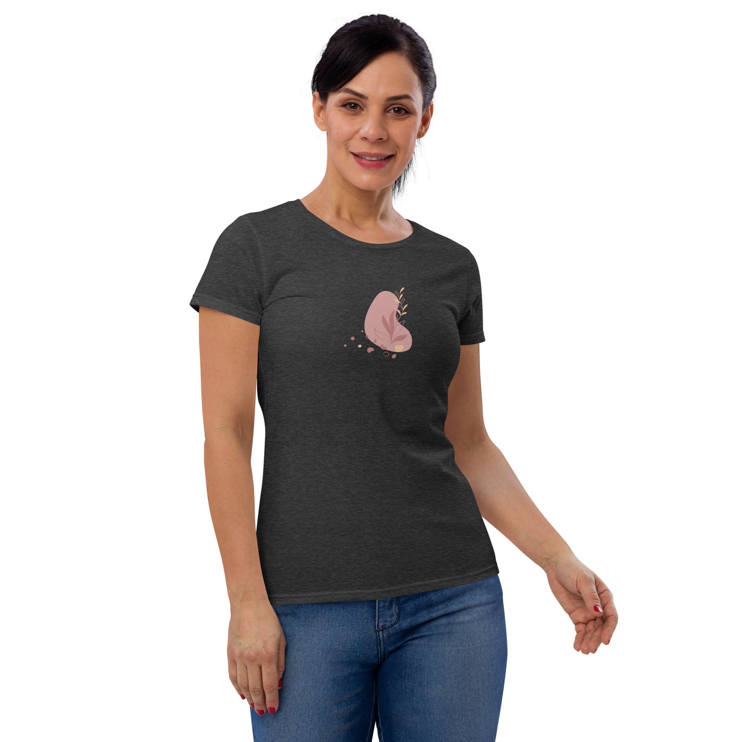 Woman wearing a dark heather grey fitted tee with a soft bloom design, reflecting a blend of comfort and subtle elegance by BYOL.