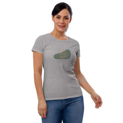 Woman wearing a athletic grey fitted tee with a floral mug design, highlighting a blend of comfort and subtle elegance by BYOL. 