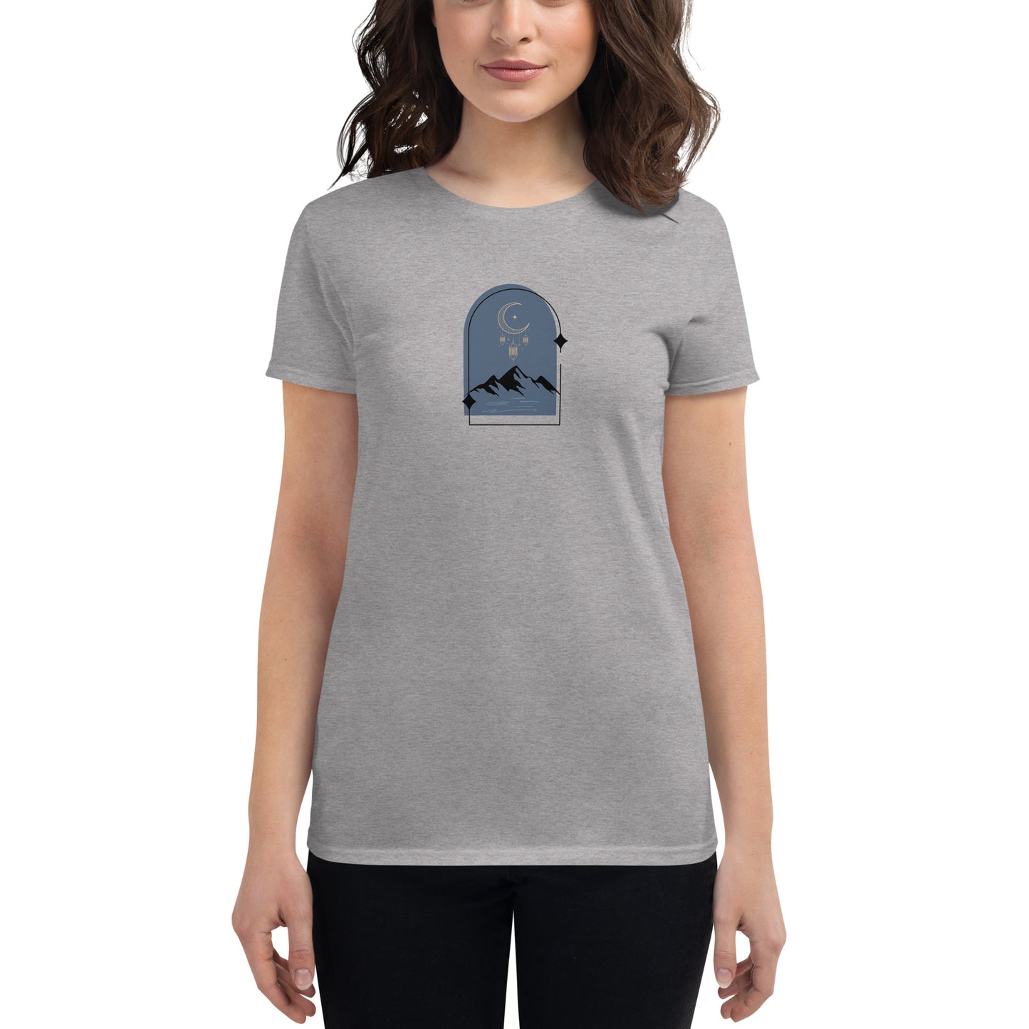 Woman wearing a heather grey fitted tee with a moonlit mountain design, showcasing serene and comfortable fashion by BYOL.