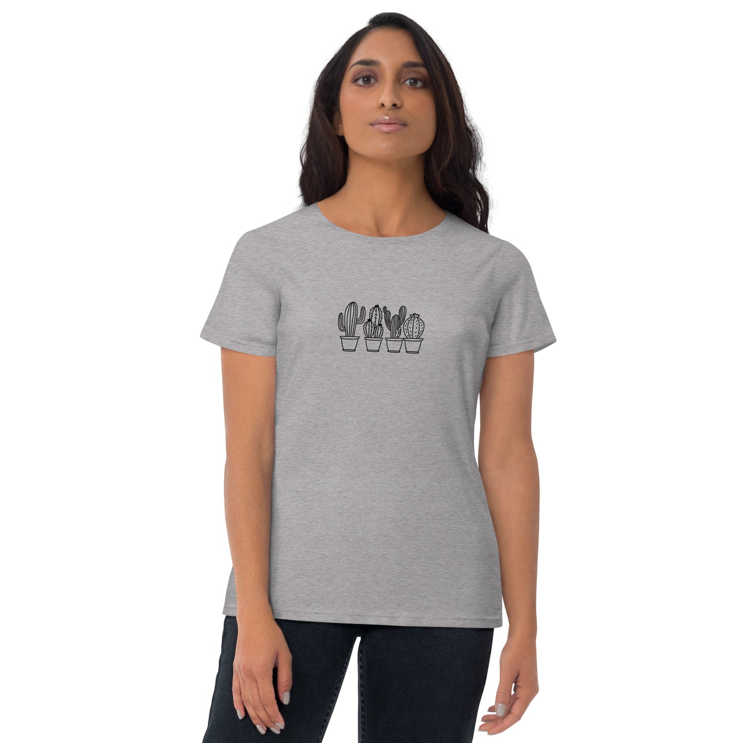 Woman wearing a athletic grey fitted tee with a cactus line art design, showcasing minimalistic and comfortable fashion by BYOL.