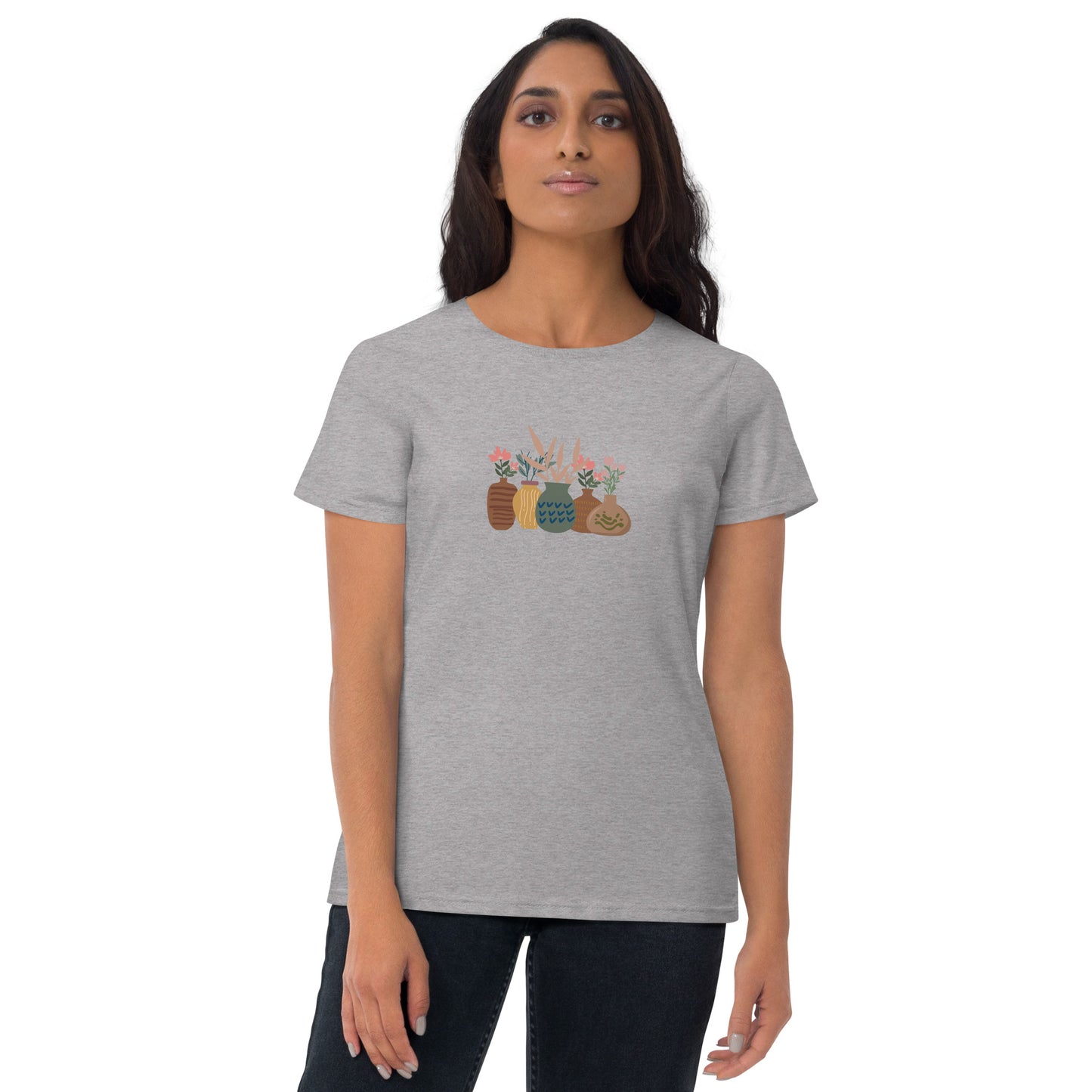 Woman wearing a heather grey fitted tee with a charming potted plants design, embodying subtle self-expression and nature-inspired style by BYOL.