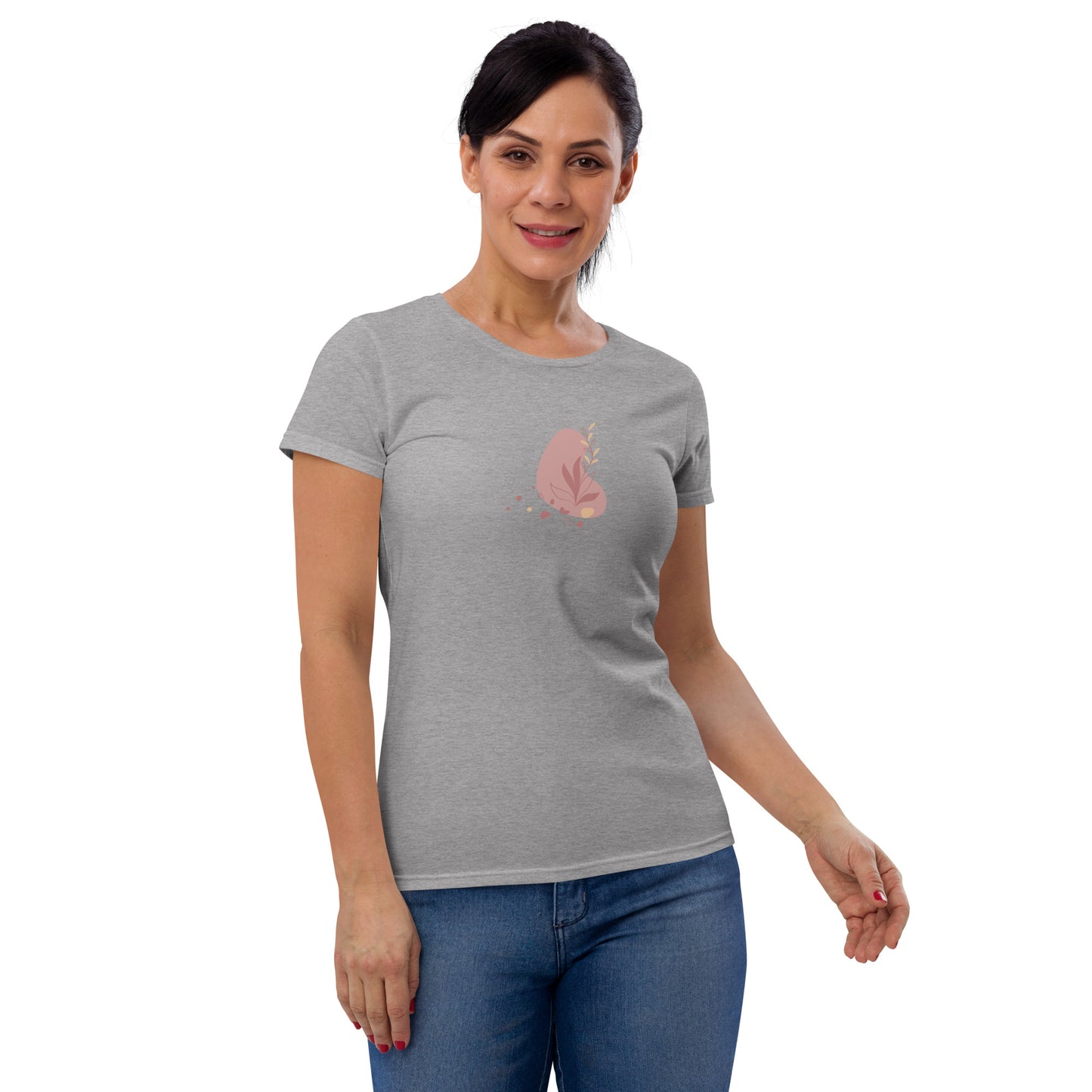 Woman wearing a athletic grey fitted tee with a soft bloom design, reflecting a blend of comfort and subtle elegance by BYOL.