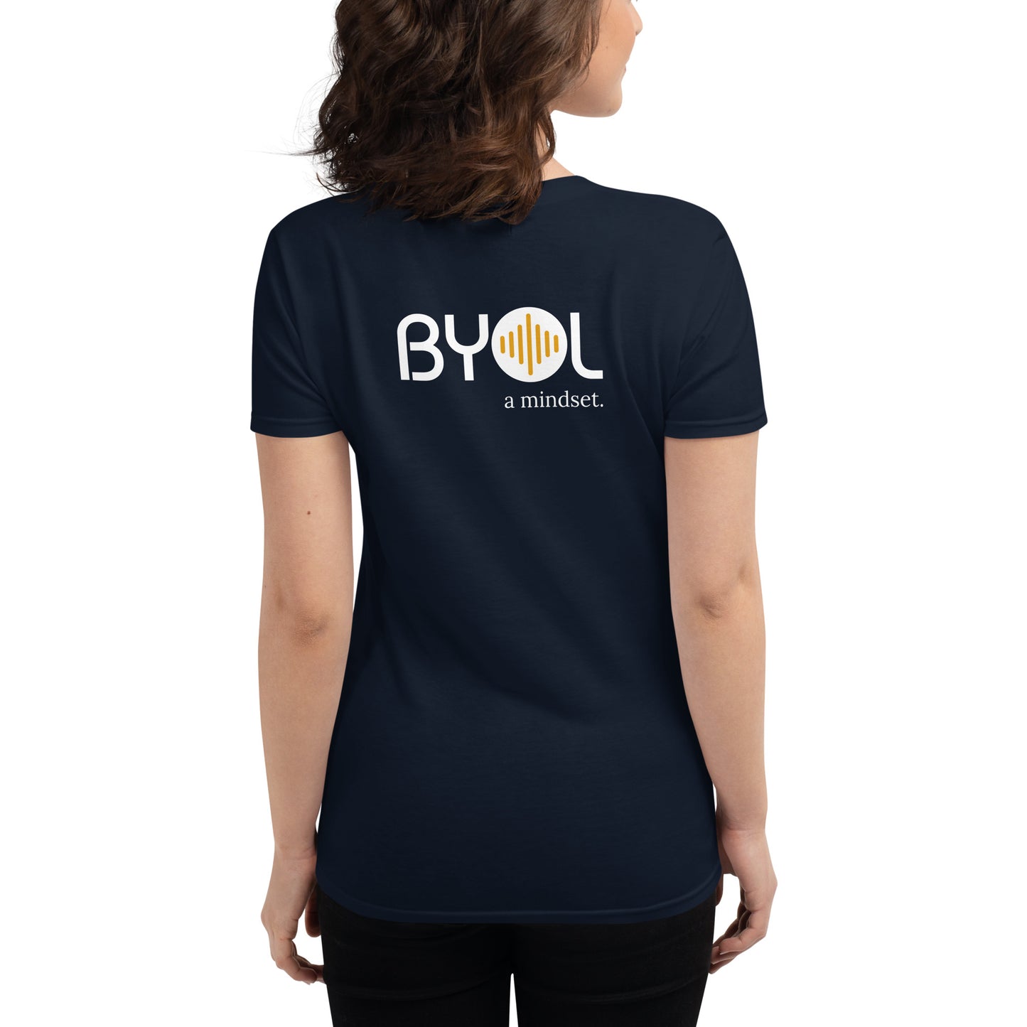 Back view of a woman wearing a blue BYOL mindset t-shirt with color options in black, red, blue, gray, and white, available in sizes S to 3XL.