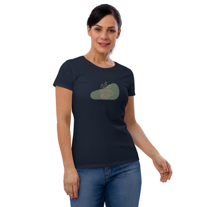 Woman wearing a navy fitted tee with a floral mug design, highlighting a blend of comfort and subtle elegance by BYOL.