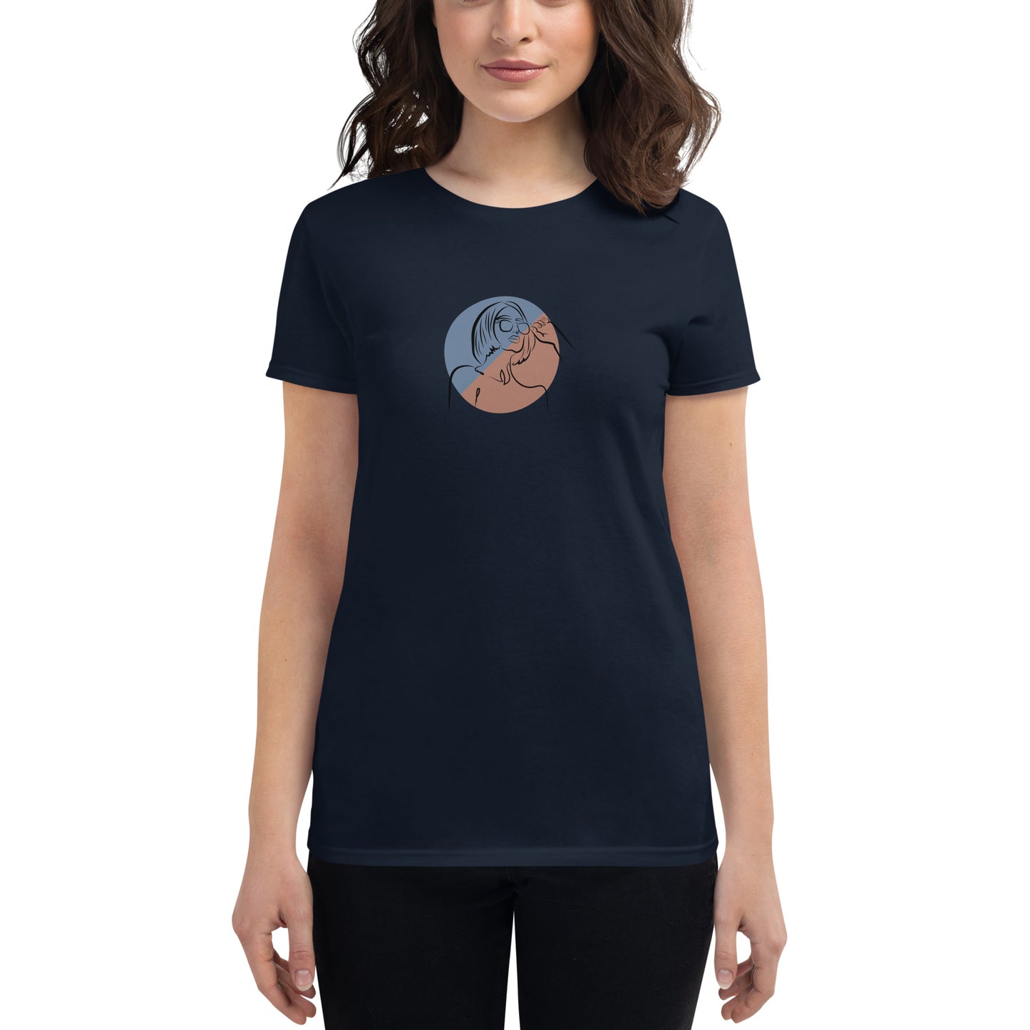 Woman wearing a navy fitted tee with an abstract face design, showcasing artistic and comfortable fashion by BYOL.