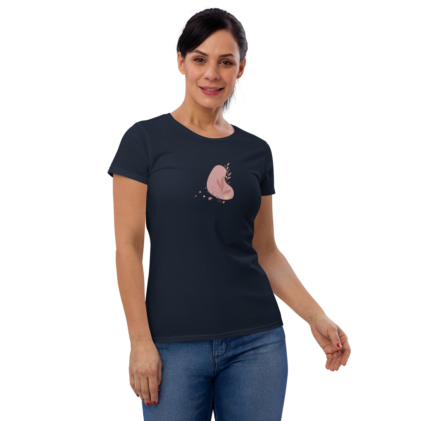 Woman wearing a navy fitted tee with a soft bloom design, reflecting a blend of comfort and subtle elegance by BYOL.