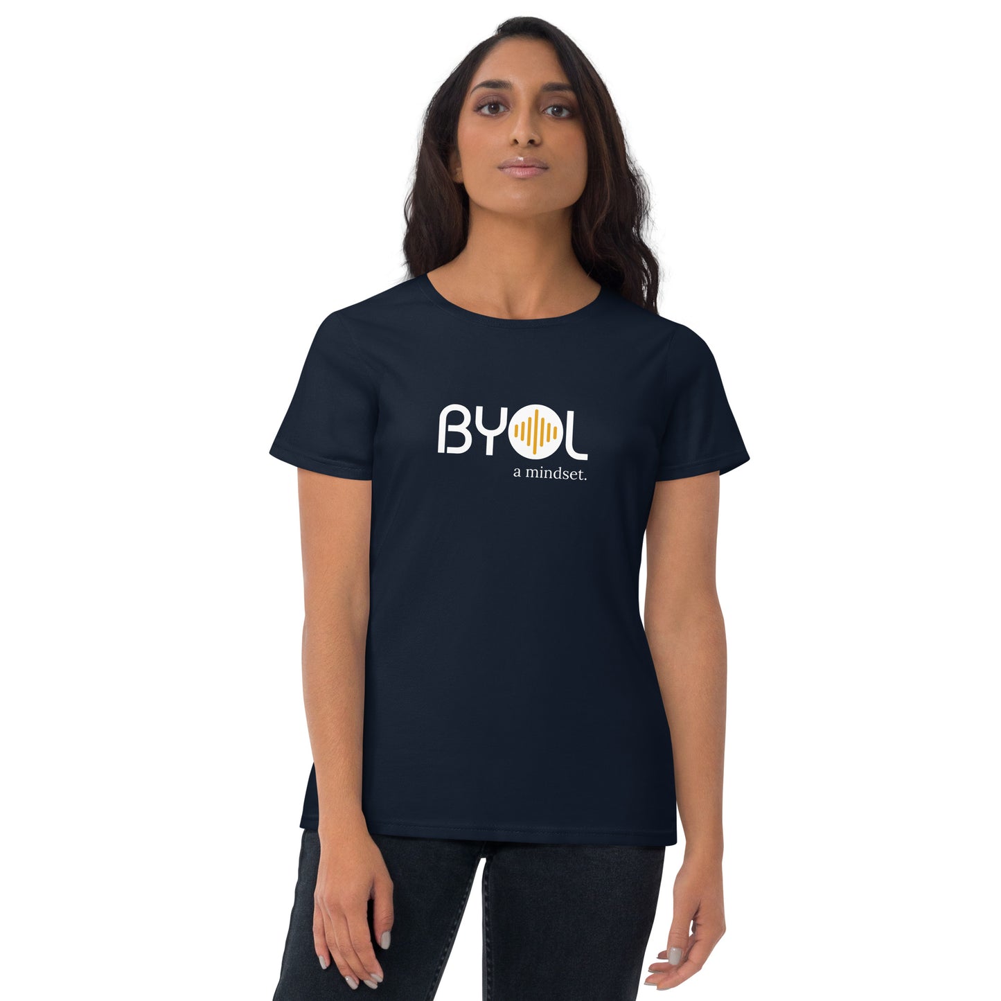 Woman wearing a navy blue BYOL mindset t-shirt with color options in black, red, blue, gray, and white, available in sizes S to 3XL.