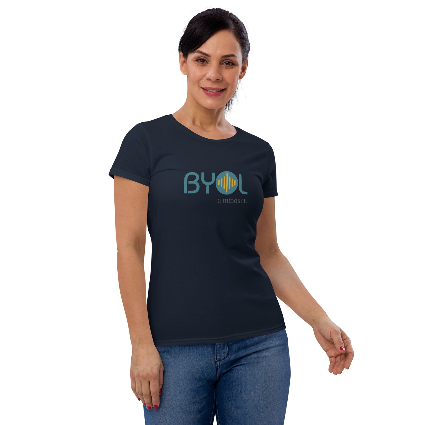 Woman wearing a navy blue BYOL mindset t-shirt with color options in black, red, blue, gray, and white, available in sizes S to 3XL.