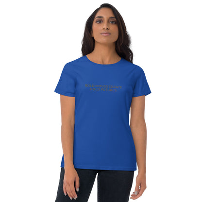 Women’s fitted caribbean blue tee with the text "Bold Moves Create Bold Futures".