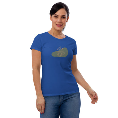 Woman wearing a royal blue fitted tee with a floral mug design, highlighting a blend of comfort and subtle elegance by BYOL.