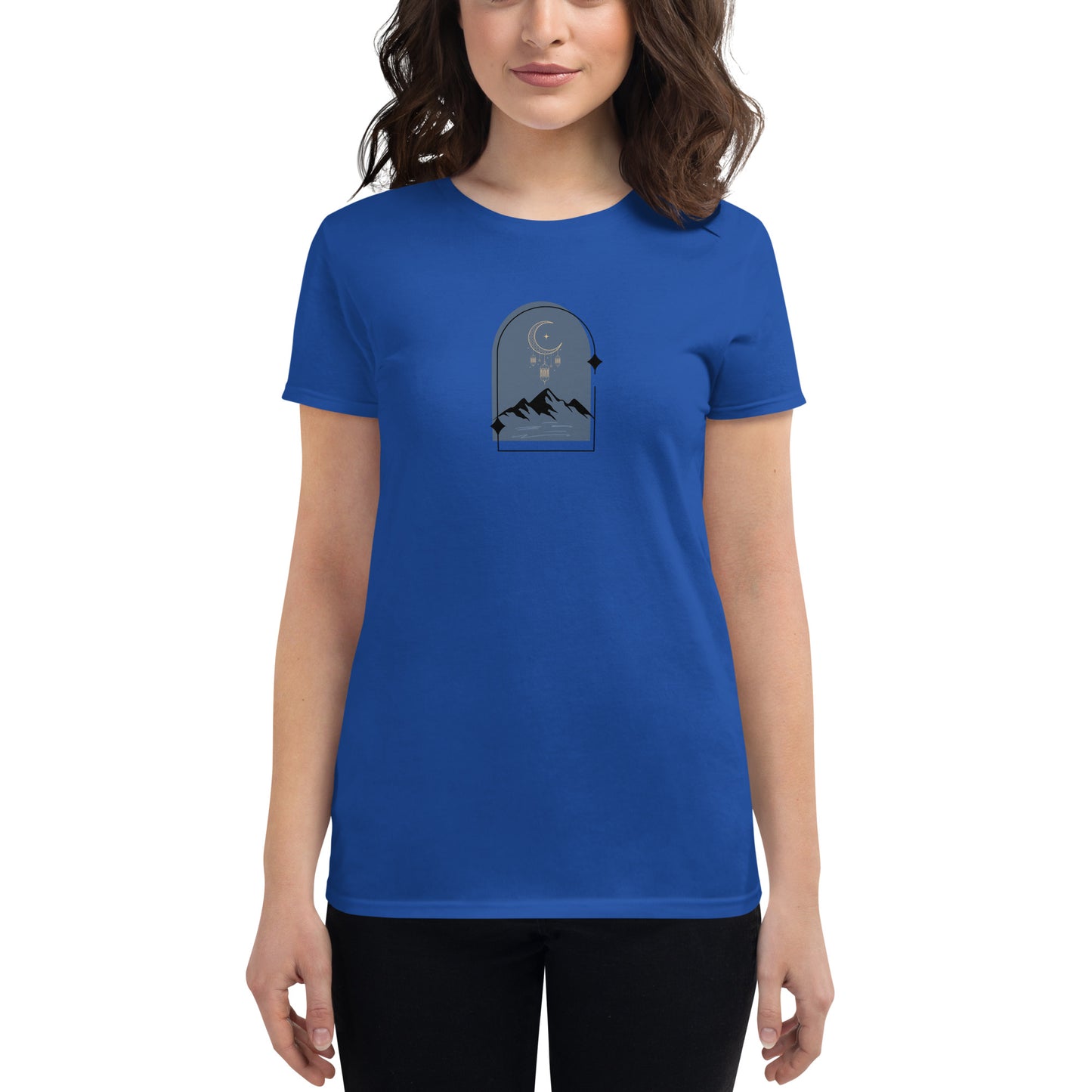 Woman wearing a royal blue fitted tee with a moonlit mountain design, showcasing serene and comfortable fashion by BYOL.