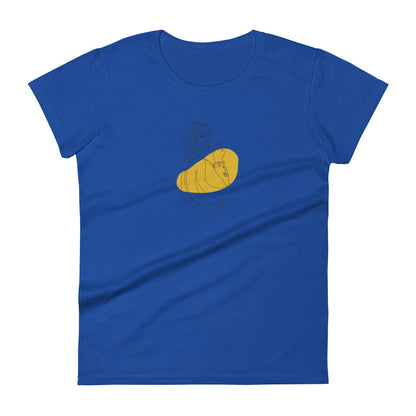 Woman wearing a royal blue fitted tee with an empowered silhouette design in yellow, showcasing subtle yet impactful self-expression by BYOL.