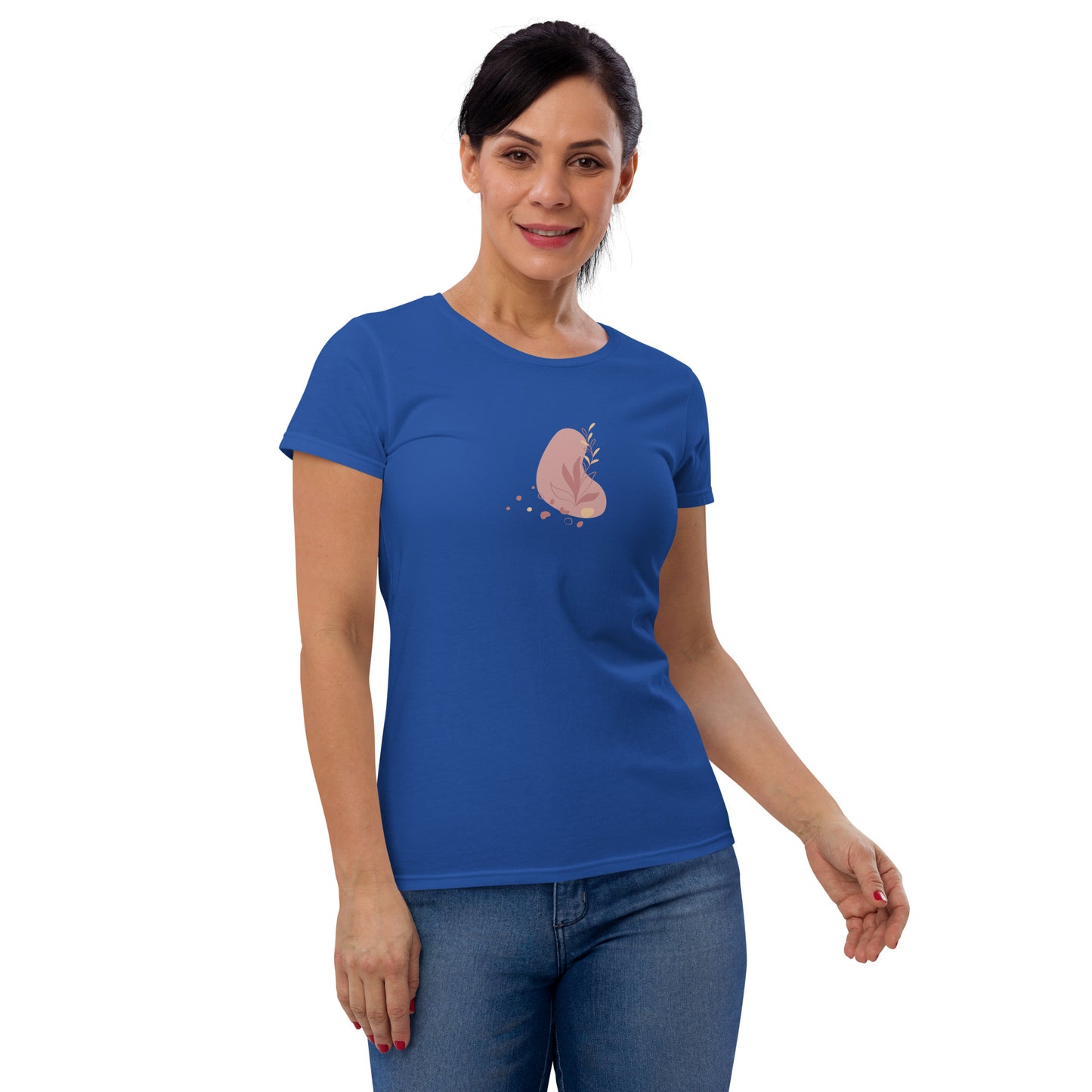 Woman wearing a royal blue fitted tee with a soft bloom design, reflecting a blend of comfort and subtle elegance by BYOL.