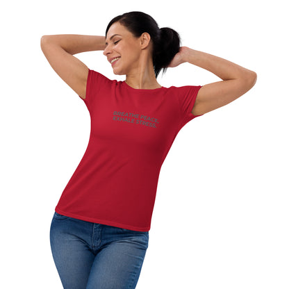 Women’s fitted red tee with the text "Breathe Peace, Exhale Stress".