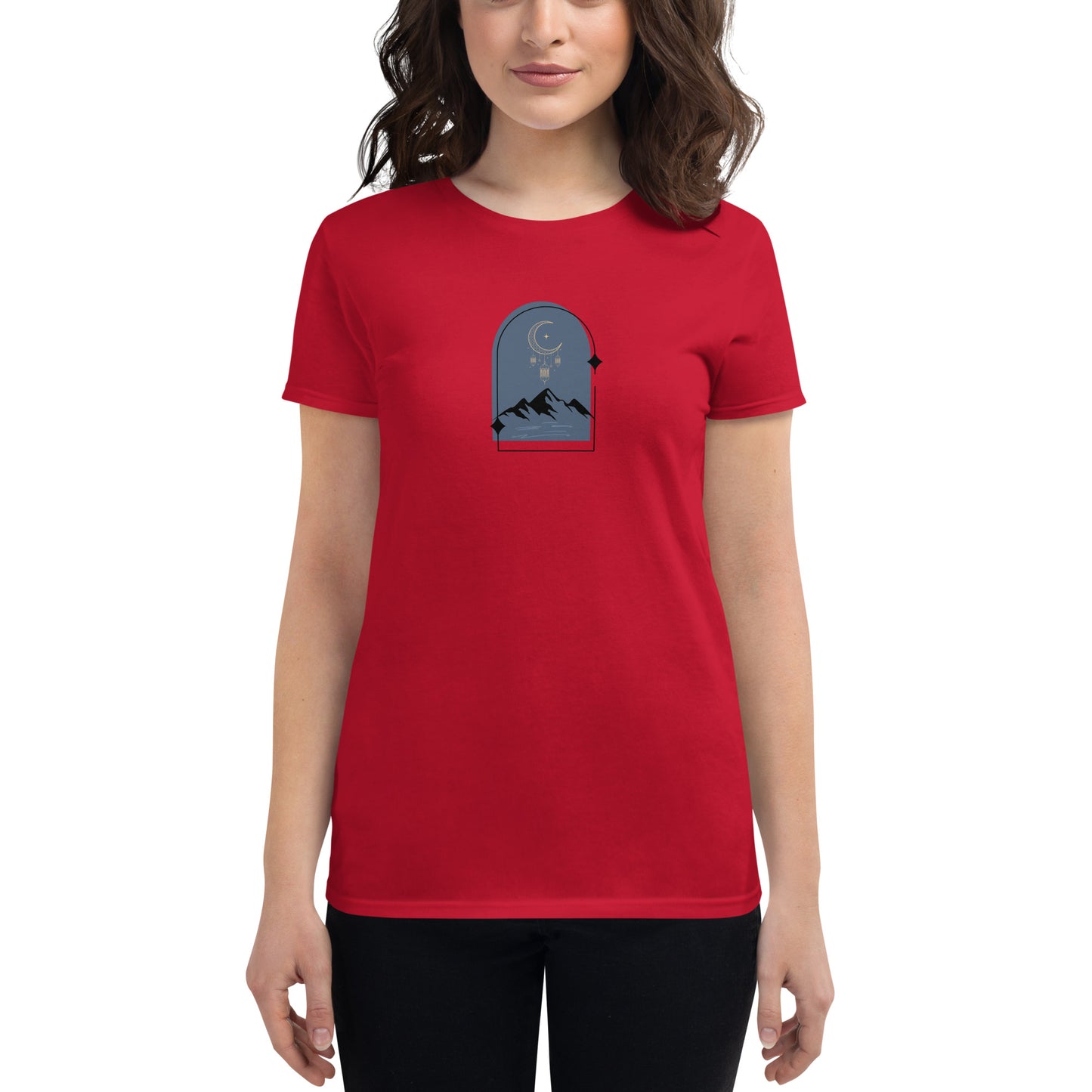 Woman wearing a true red fitted tee with a moonlit mountain design, showcasing serene and comfortable fashion by BYOL.