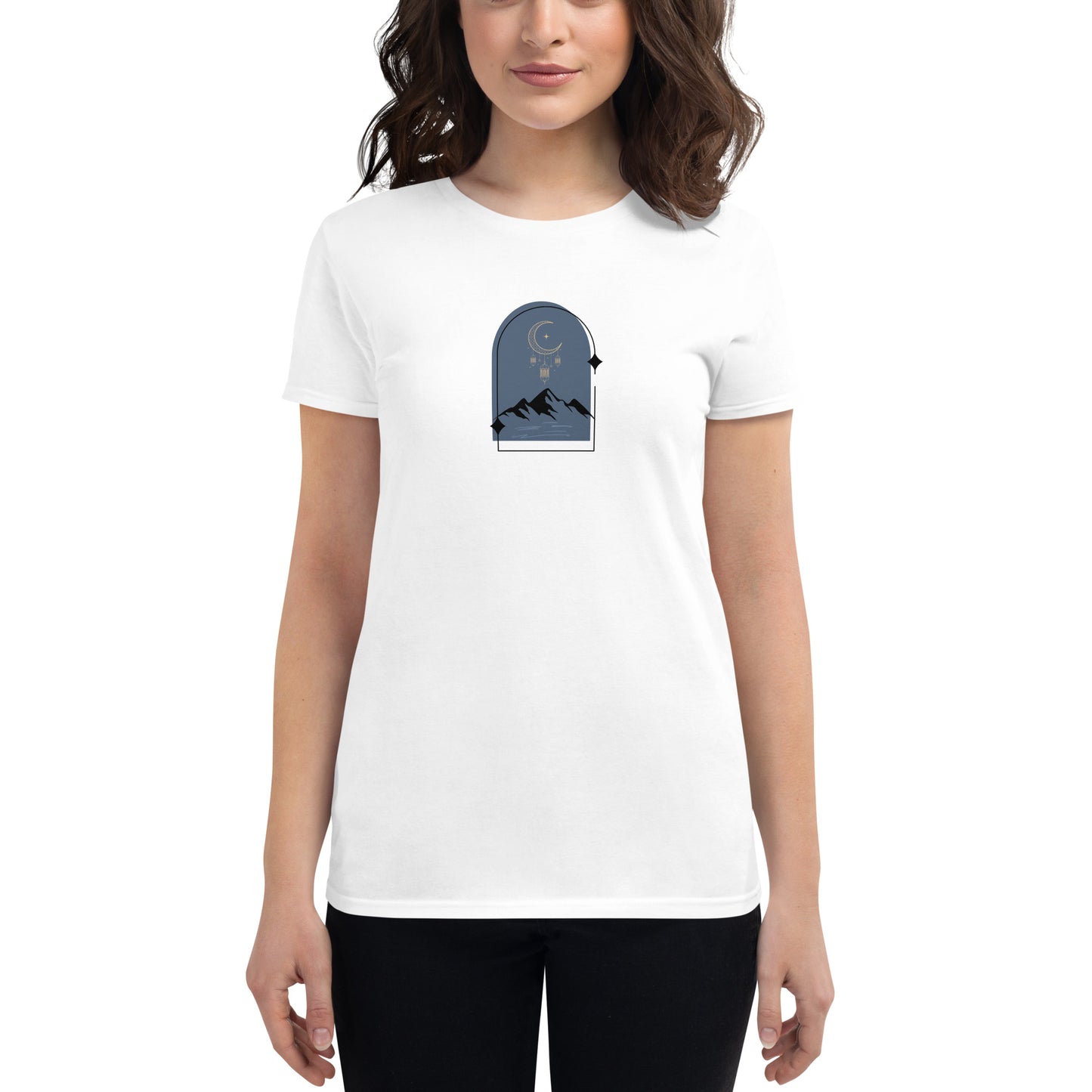 Woman wearing a white fitted tee with a moonlit mountain design, showcasing serene and comfortable fashion by BYOL.