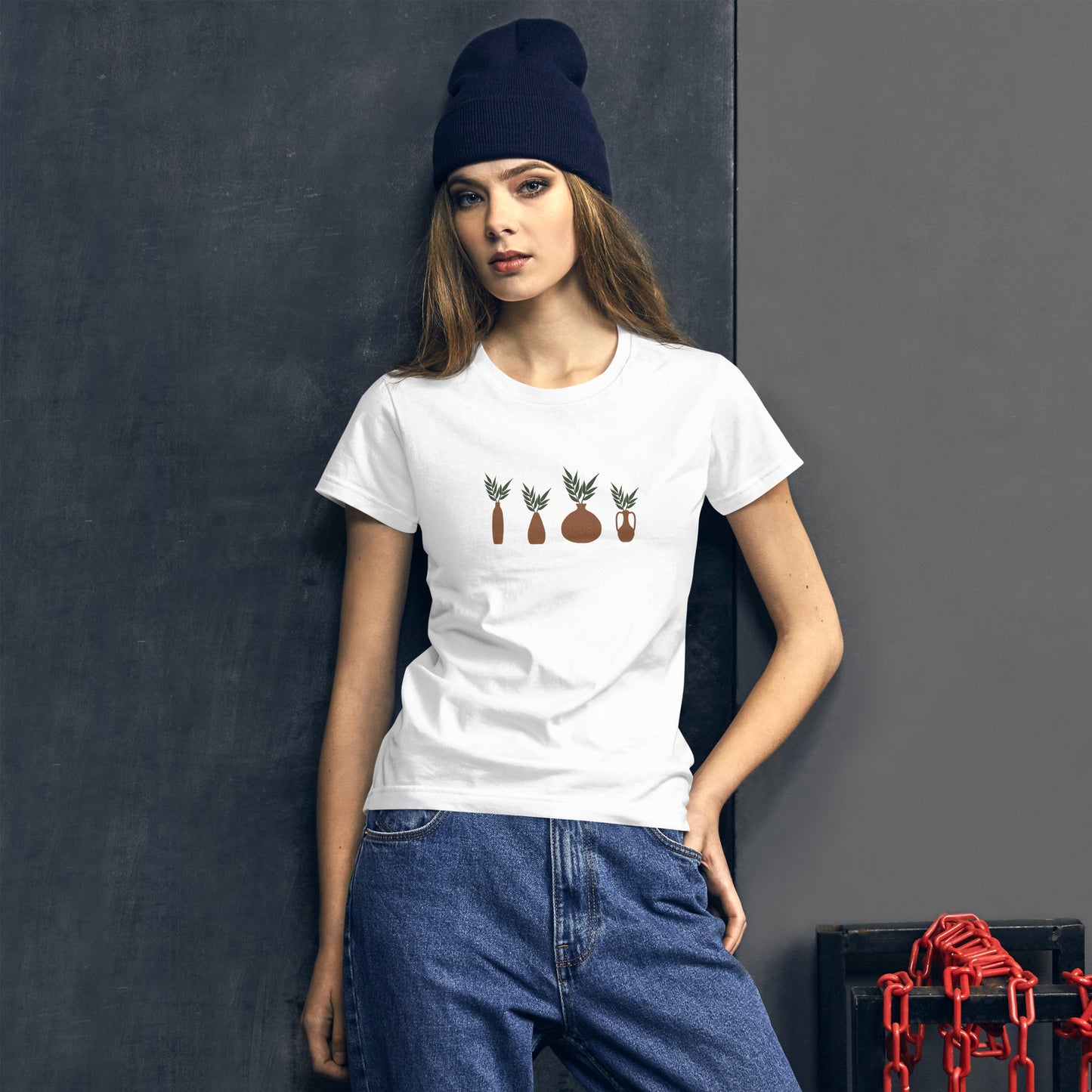 Women's Fitted Tee with Vases and Plants Design