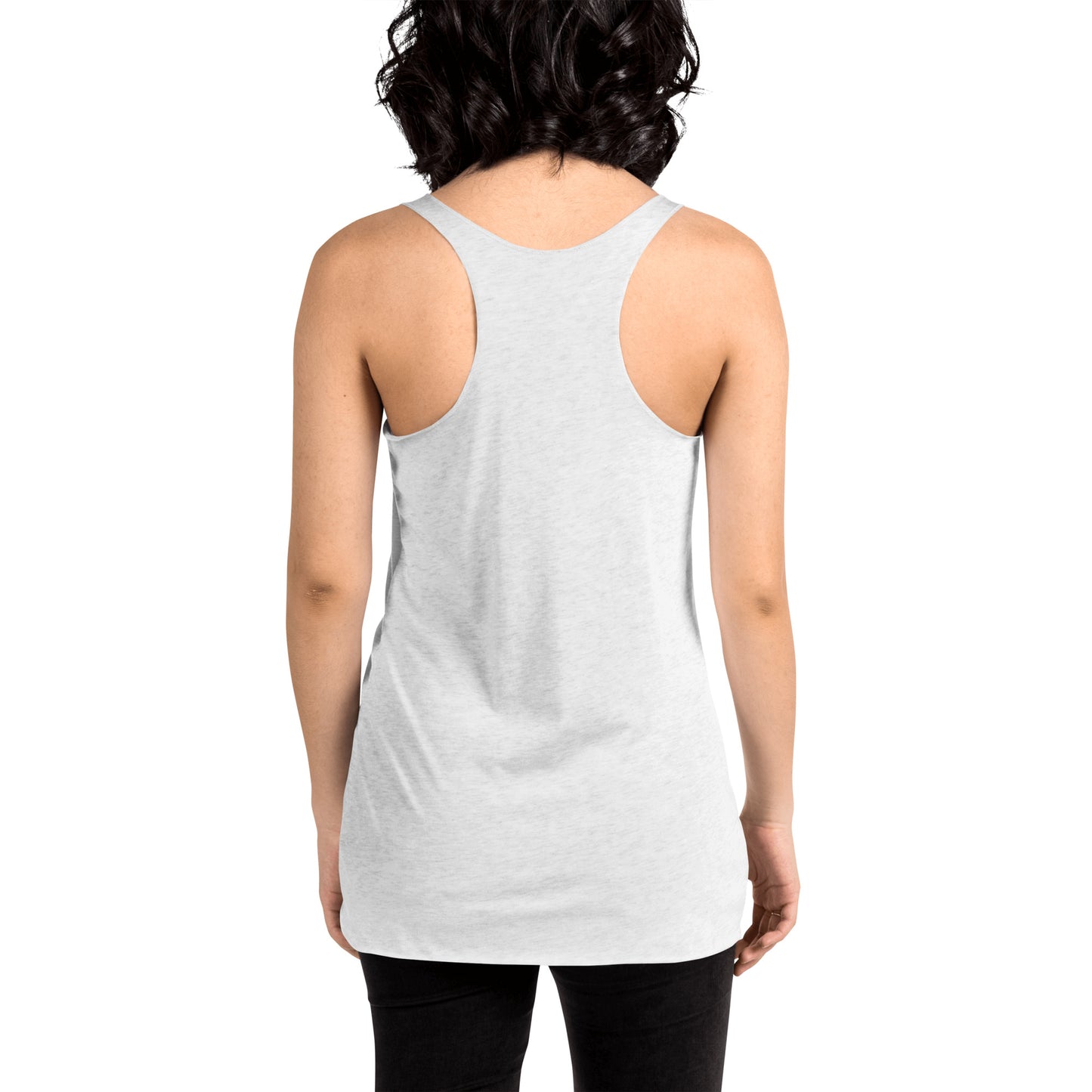 Women showing the back of a heather white racer back tank,