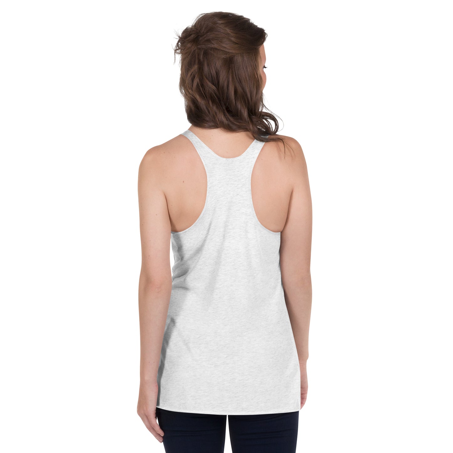 Back of heather white racerback tank.