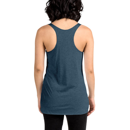 Women showing the back of a indigo racer back tank,