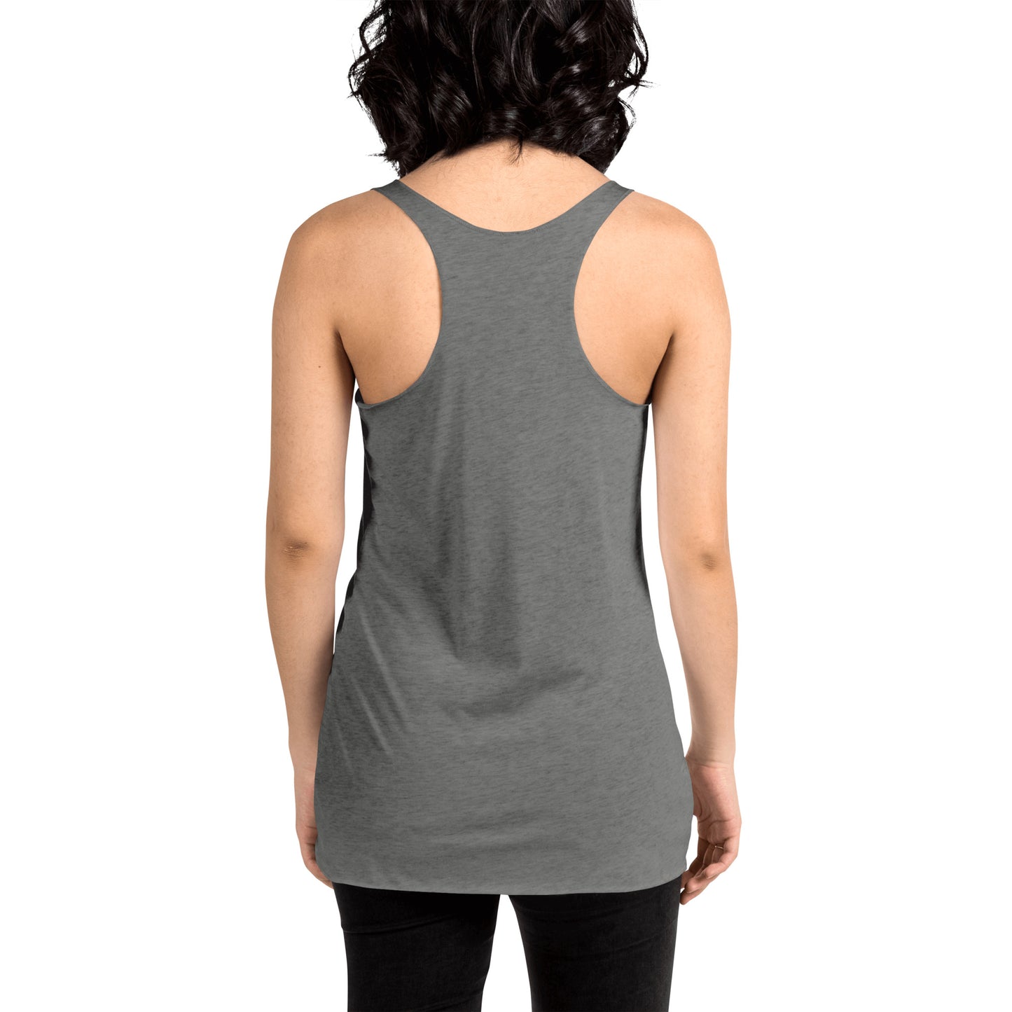 Women showing the back of the heather grey racer back tank