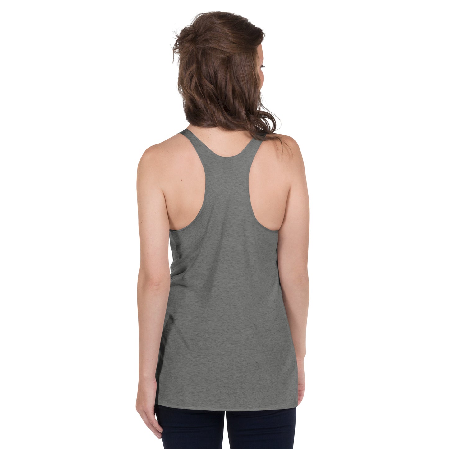 Back of heather grey racer back tank