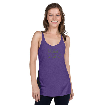 Woman in a purple rush racer back tank with "Letting Go and Embracing Serenity" text.