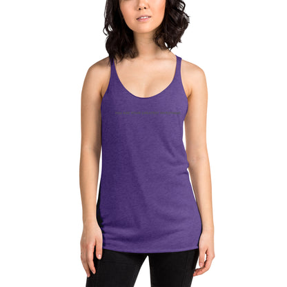 Woman wearing a purple rush racer back tank with "You Are Your Greatest Investment" text.