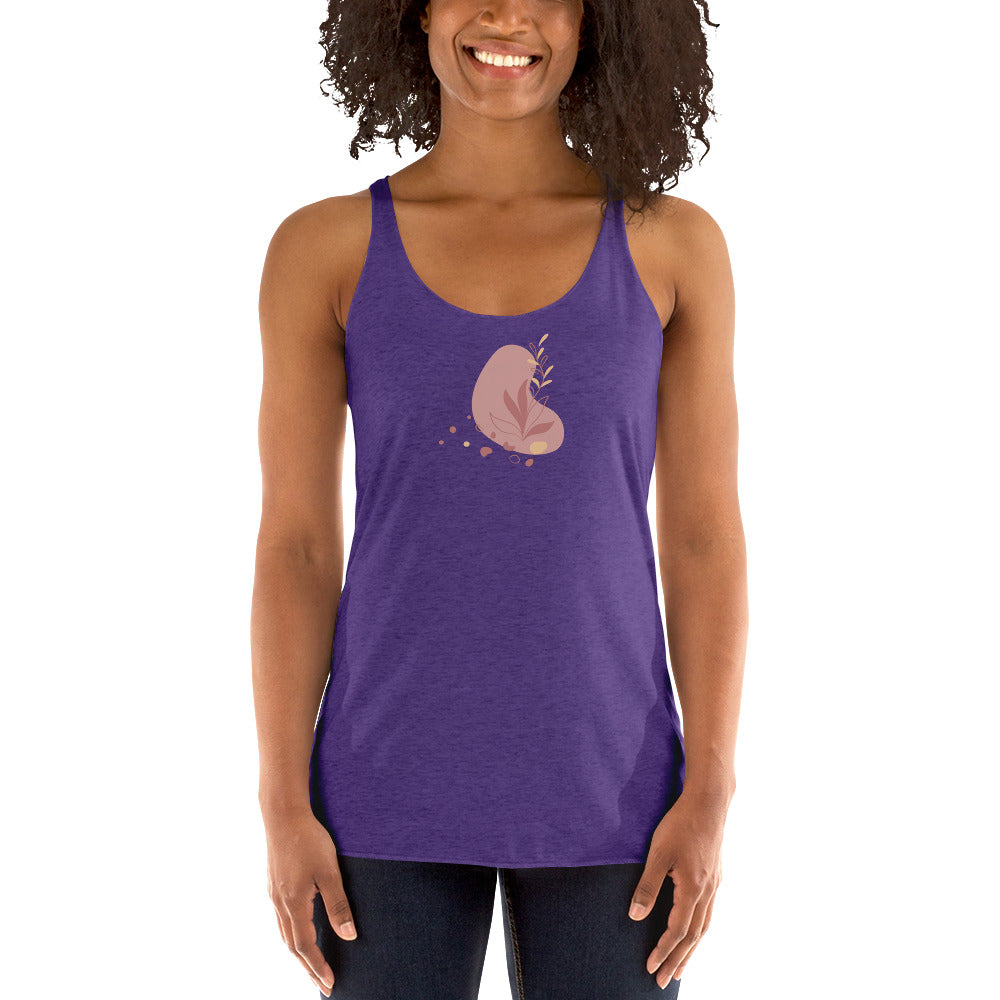 Woman wearing a heather purple racer back tank top with a subtle heart-shaped leaf design. 