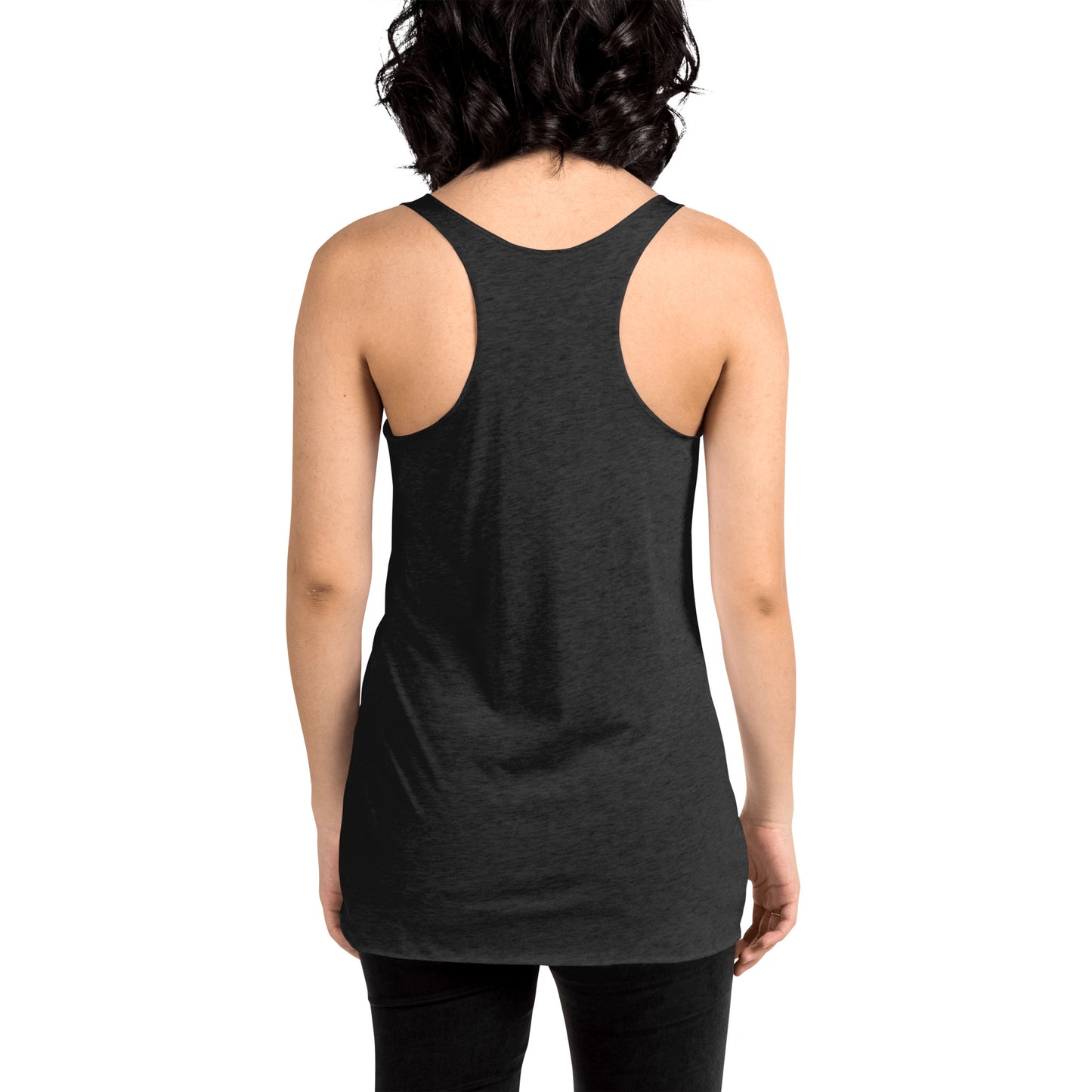 Women showing the back of a heather dark grey racer back tank,