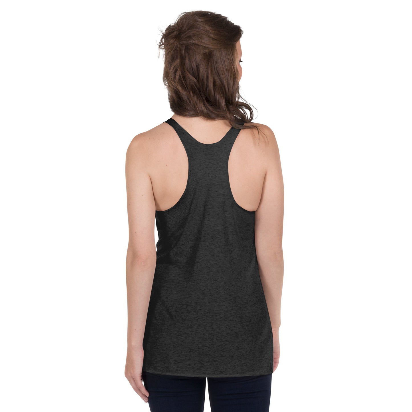 Back of heather grey dark racerback tanlk.