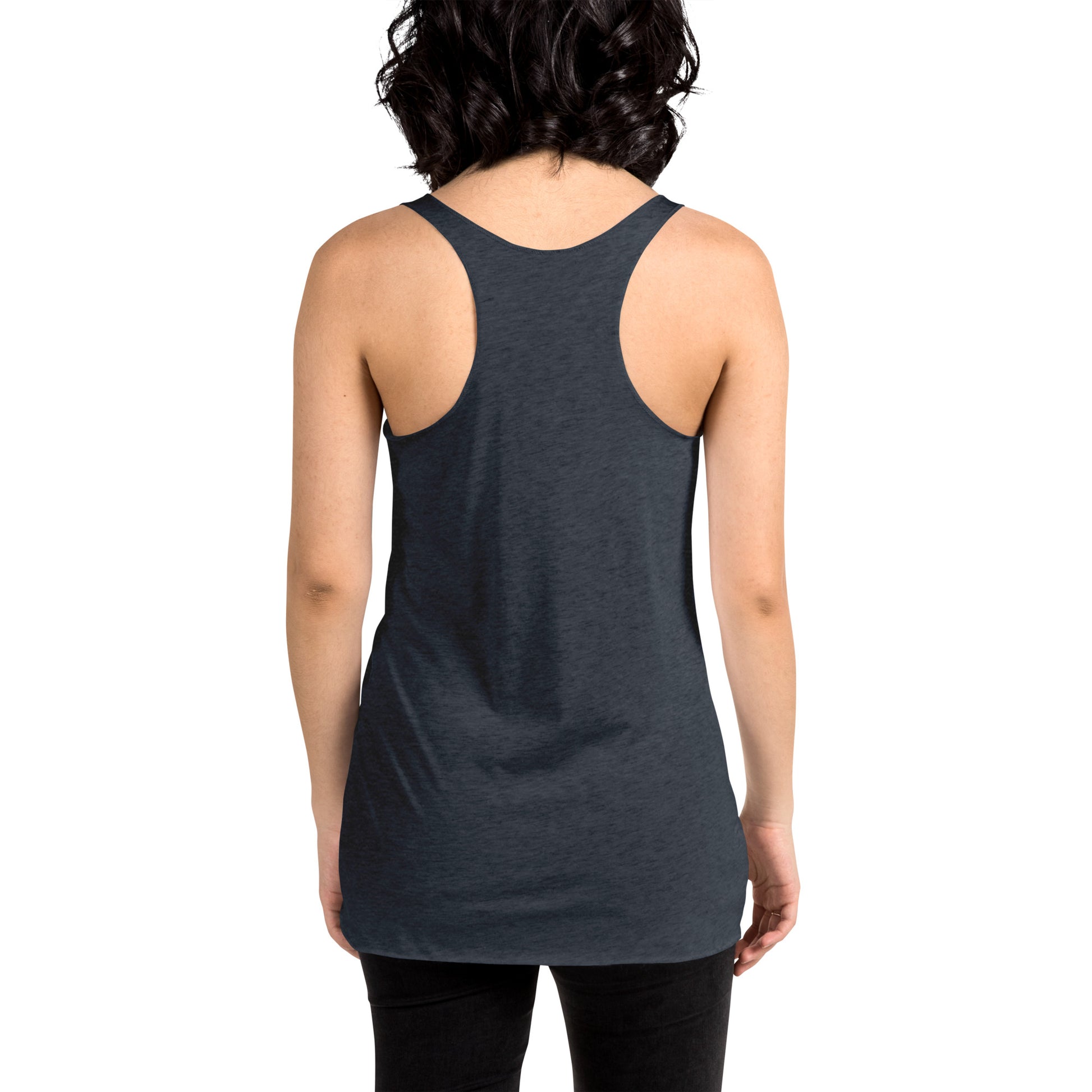 Women showing the back of a vintage navy racer back tank,