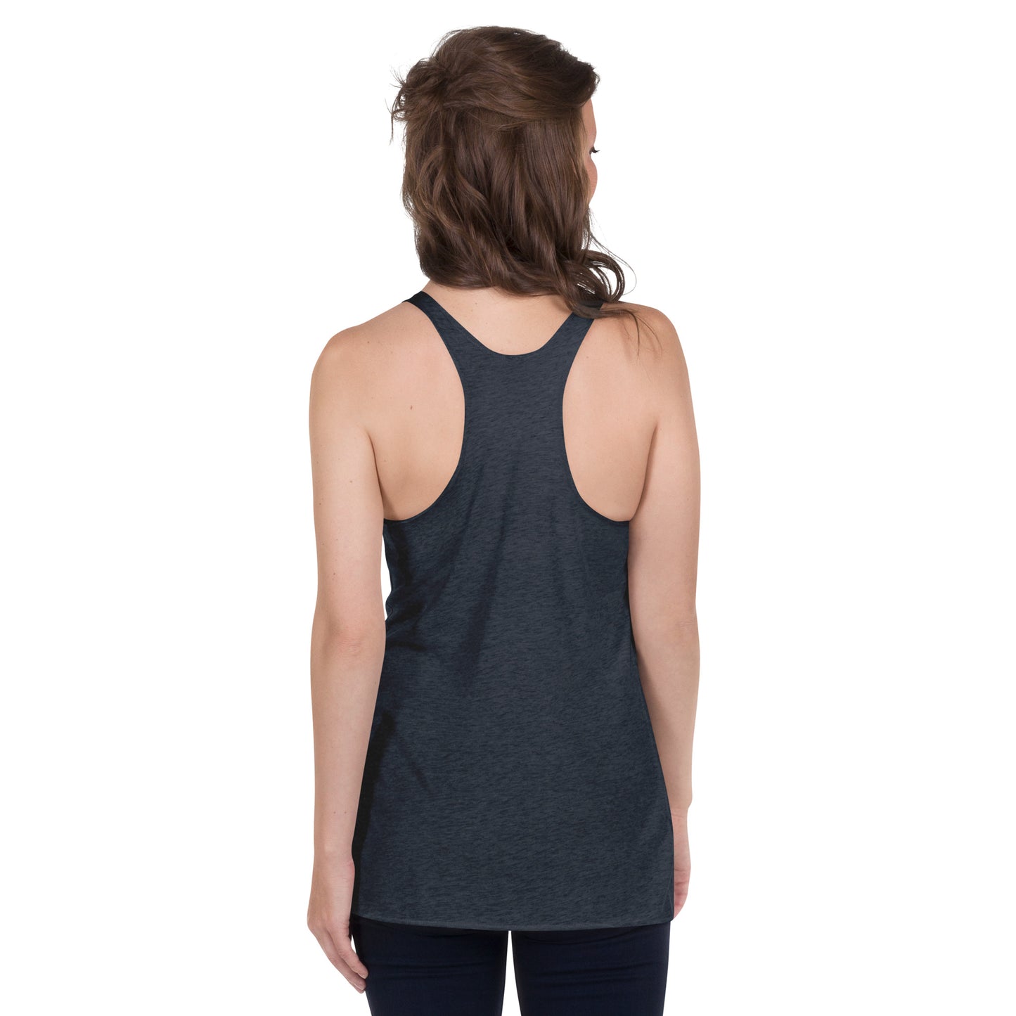 Back of heather grey blue racerback tanlk.