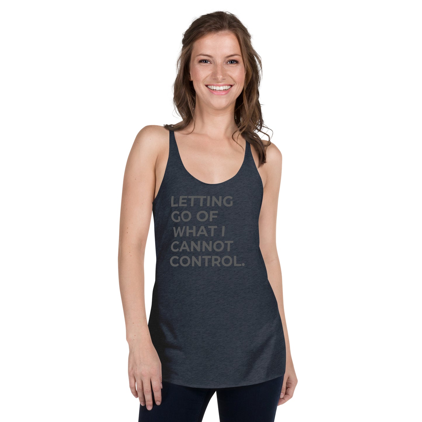 Smiling woman in a purple racer back tank with "Letting Go of What I Cannot Control" text.