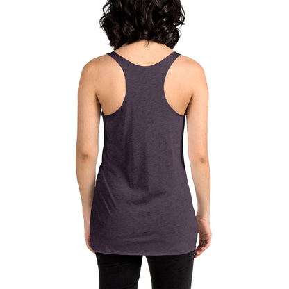 Women showing the back of a vintage purple racer back tank,