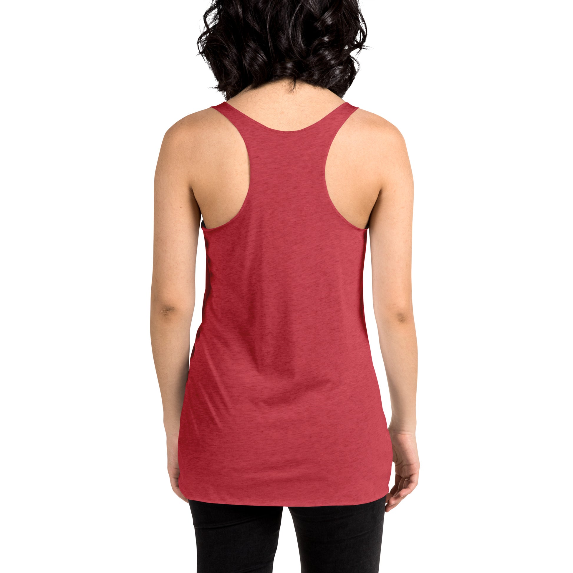 Women showing the back of a vintage red racer back tank,