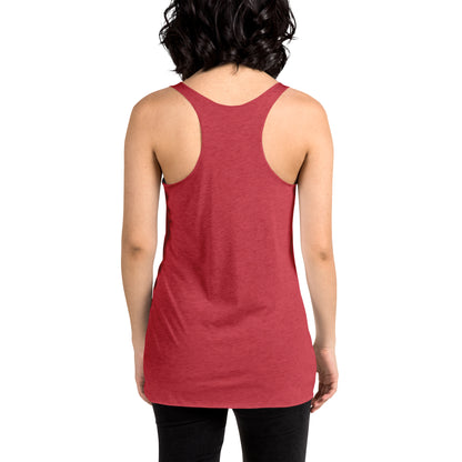 Women showing the back of a vintage red racer back tank,