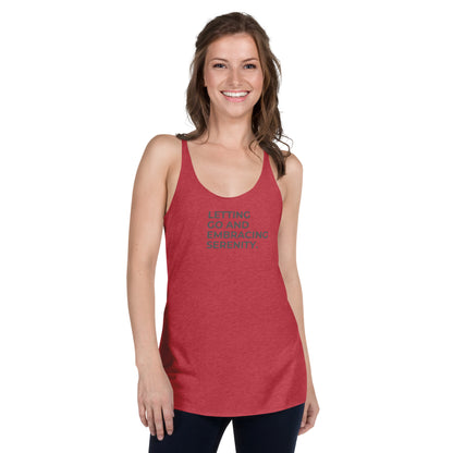 Woman in a vintage red racer back tank with "Letting Go and Embracing Serenity" text.