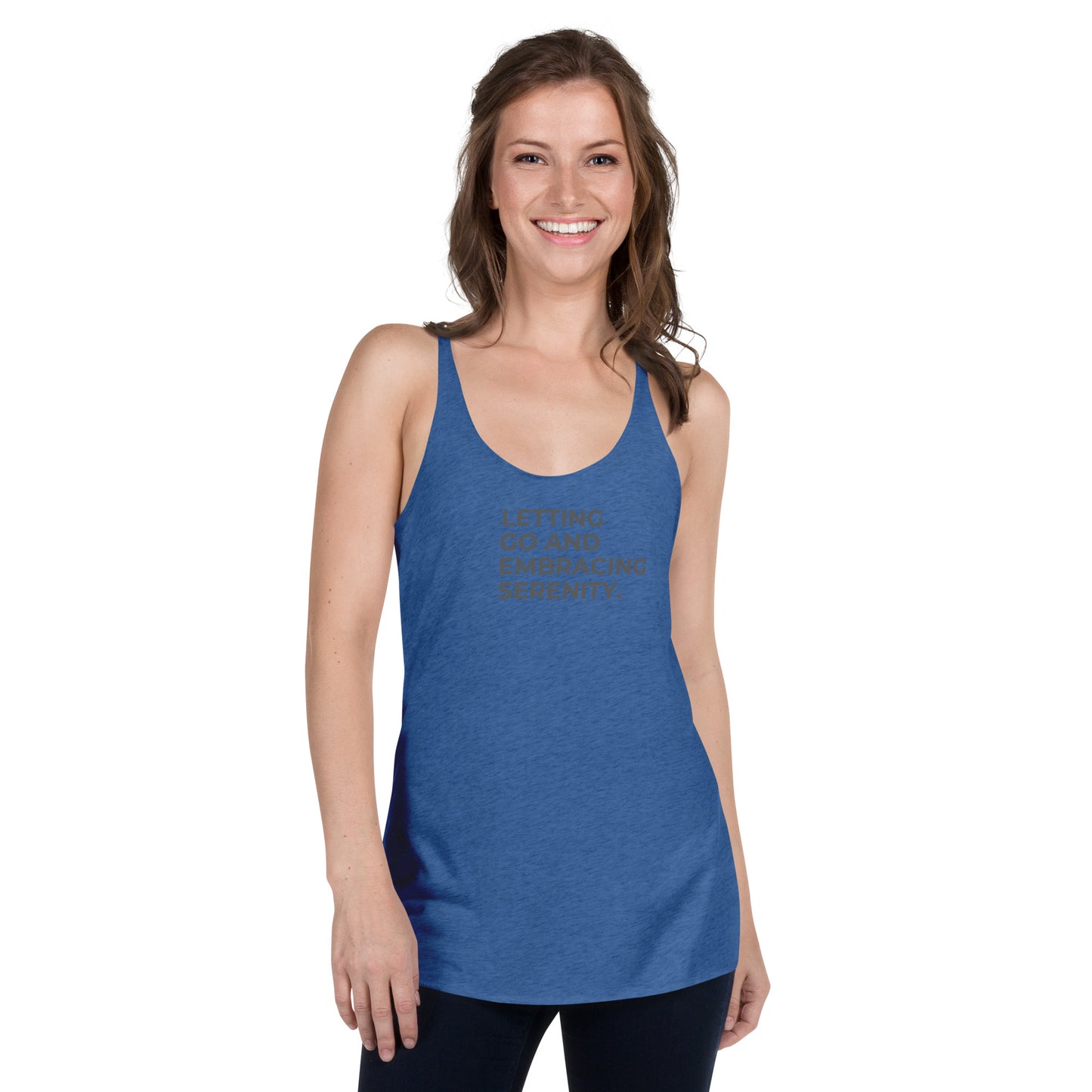 Woman in a vintage royal racer back tank with "Letting Go and Embracing Serenity" text.