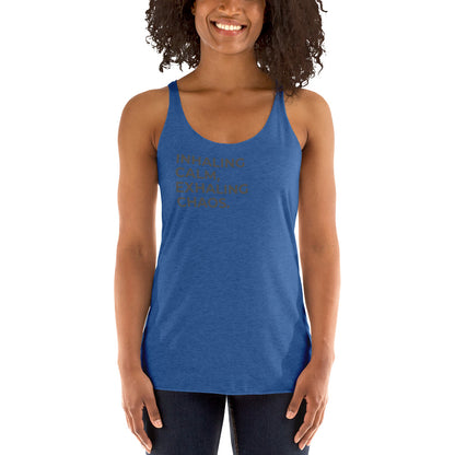 Smiling woman in a vintage royal racer back tank with "Inhaling Calm, Exhaling Chaos" text.