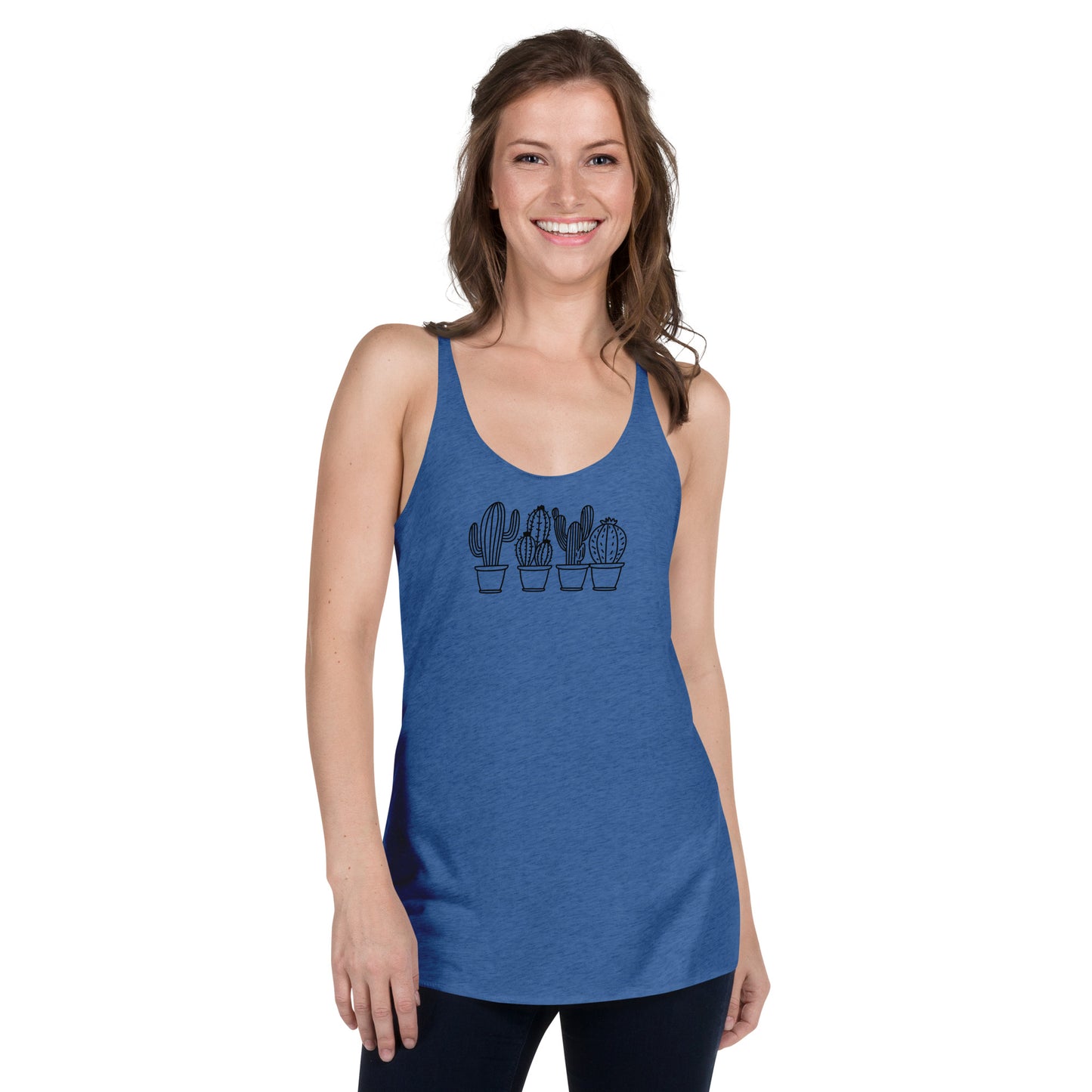 Woman wearing a heather blue racer back tank top with a subtle cactus design.