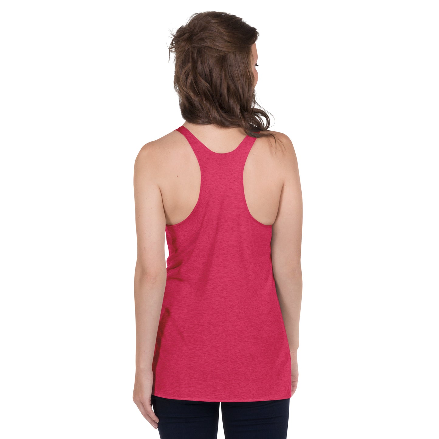 Back of shocking pink racerback tank.