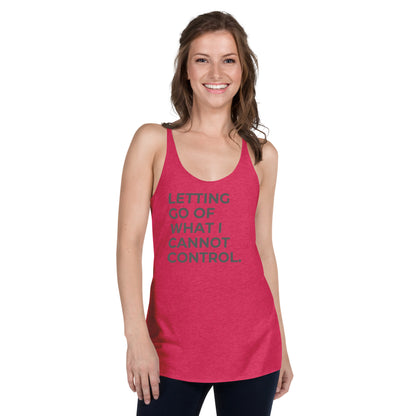 Smiling woman in a shocking pink racer back tank with "Letting Go of What I Cannot Control" text.