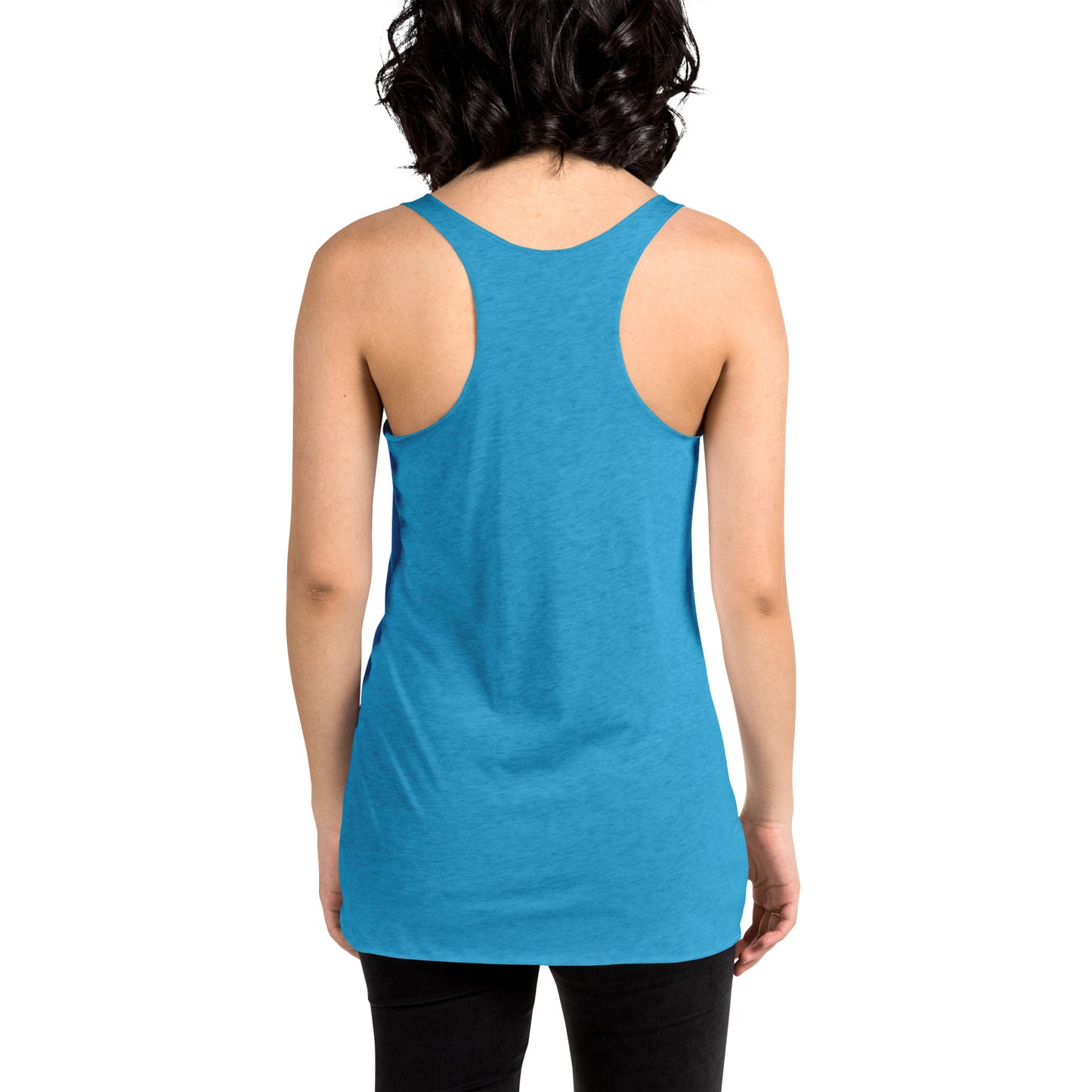 Women showing the back of a turquoise racer back tank,