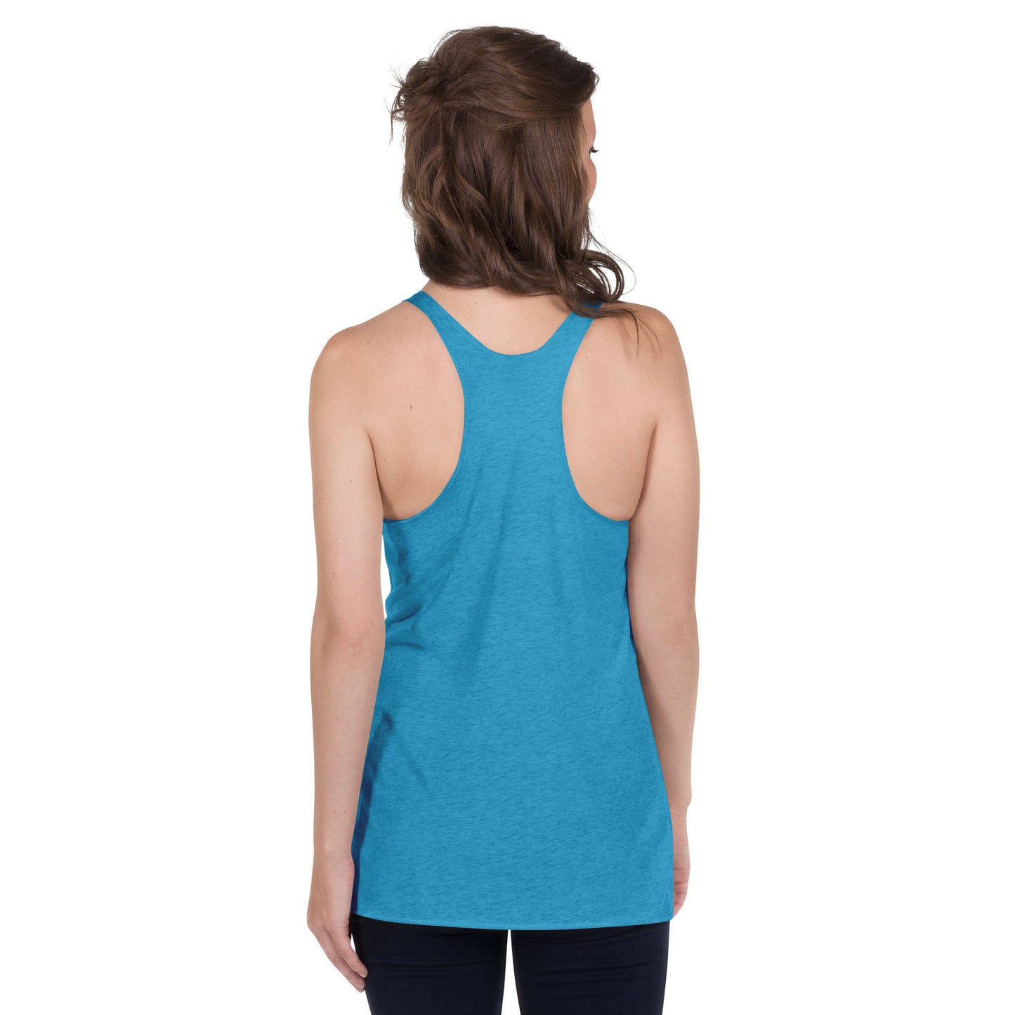 Back of turquoise racerback tank.