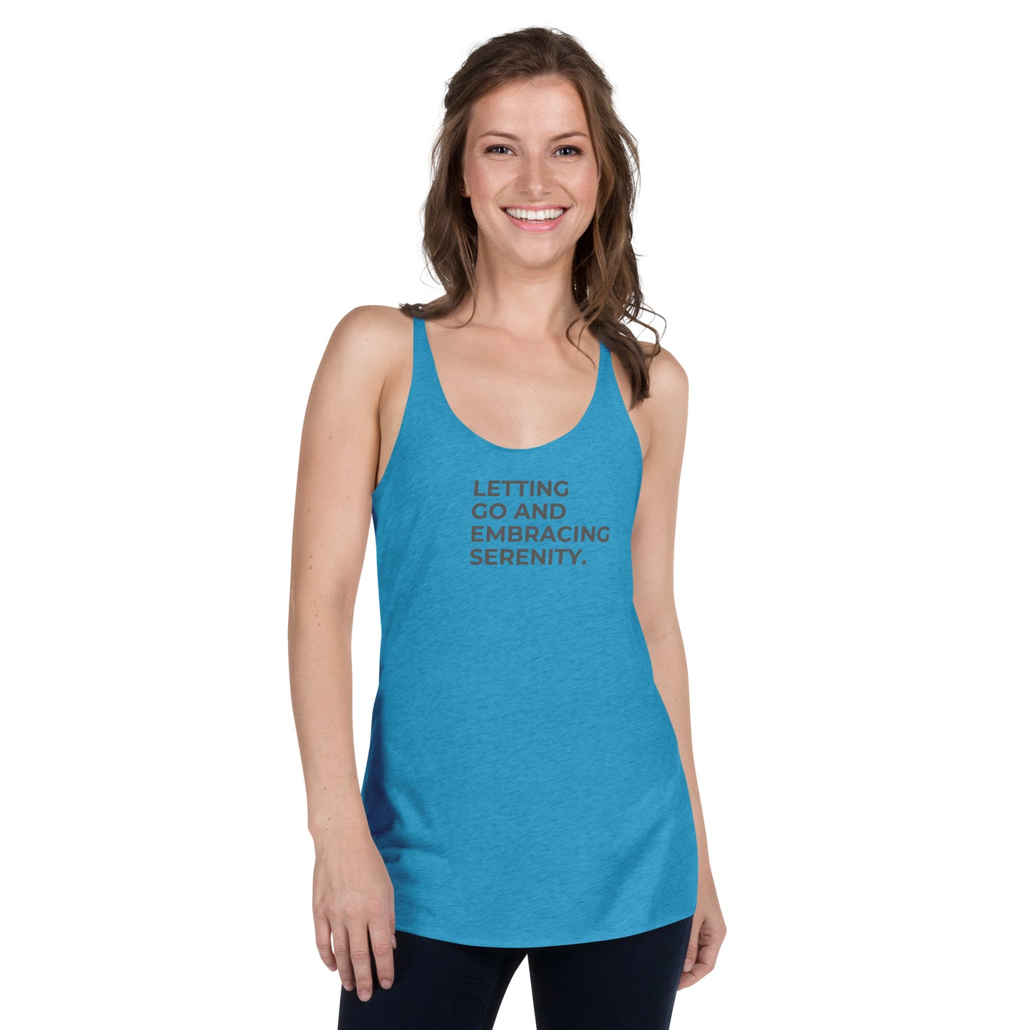 Woman in a turquoise racer back tank with "Letting Go and Embracing Serenity" text.