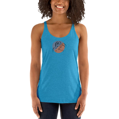 Woman wearing a heather blue racer back tank top with a subtle design of a person gazing at the moon.