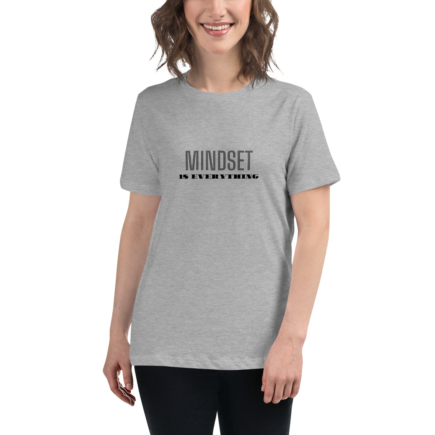 Woman wearing a athletic heather grey relaxed t-shirt with the phrase "Mindset is Everything" printed in black.