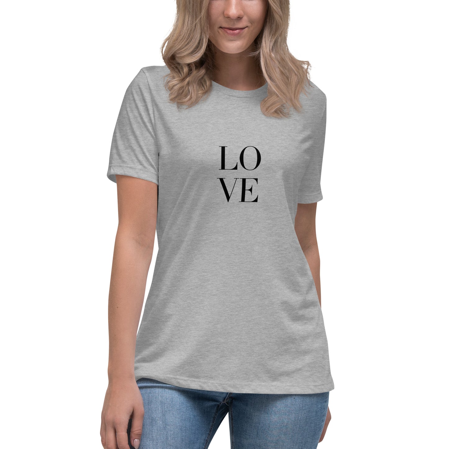 Woman wearing athletic heather grey bold statement relaxed t-shirt with LOVE design