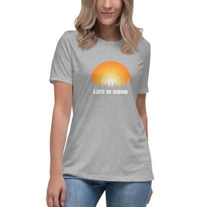 Woman in heather athletic grey relaxed t-shirt with 'Life Is Good' sunset graphic